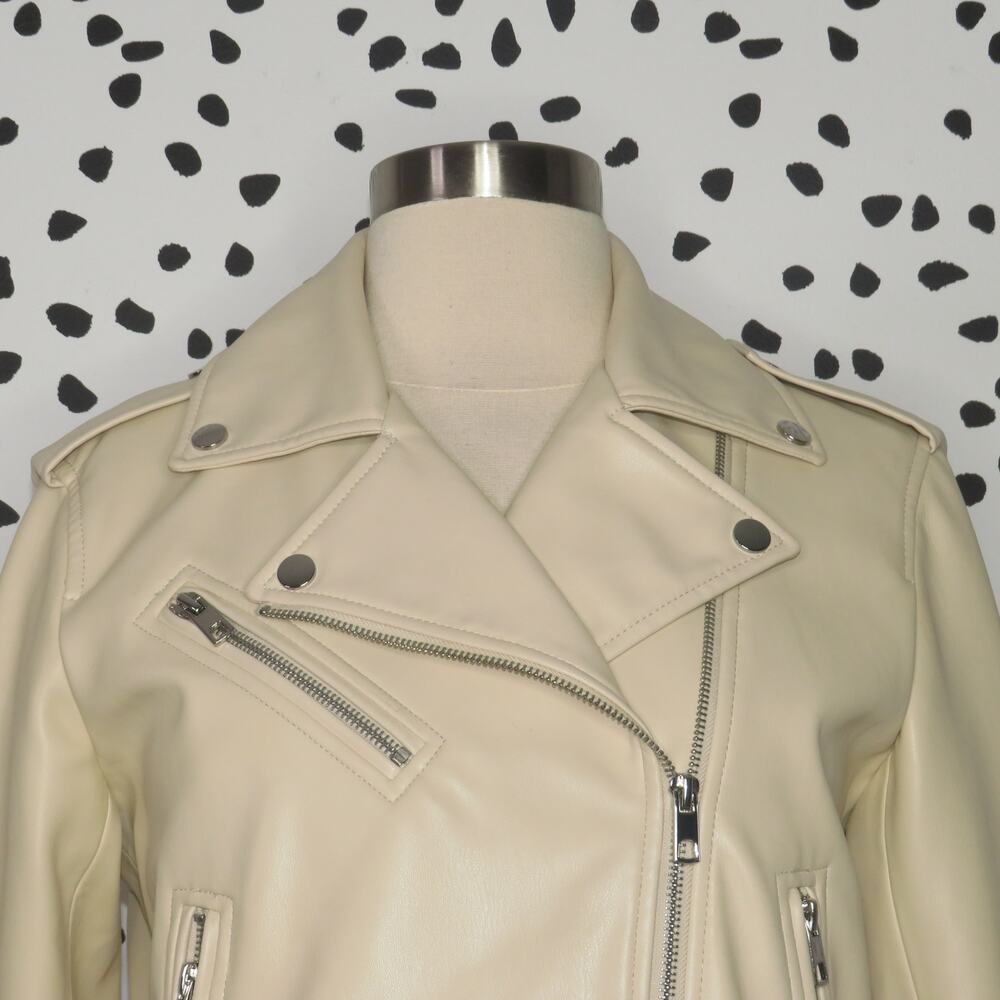 Zara Cream Faux Leather Belted Moto Jacket - Picture 3 of 11